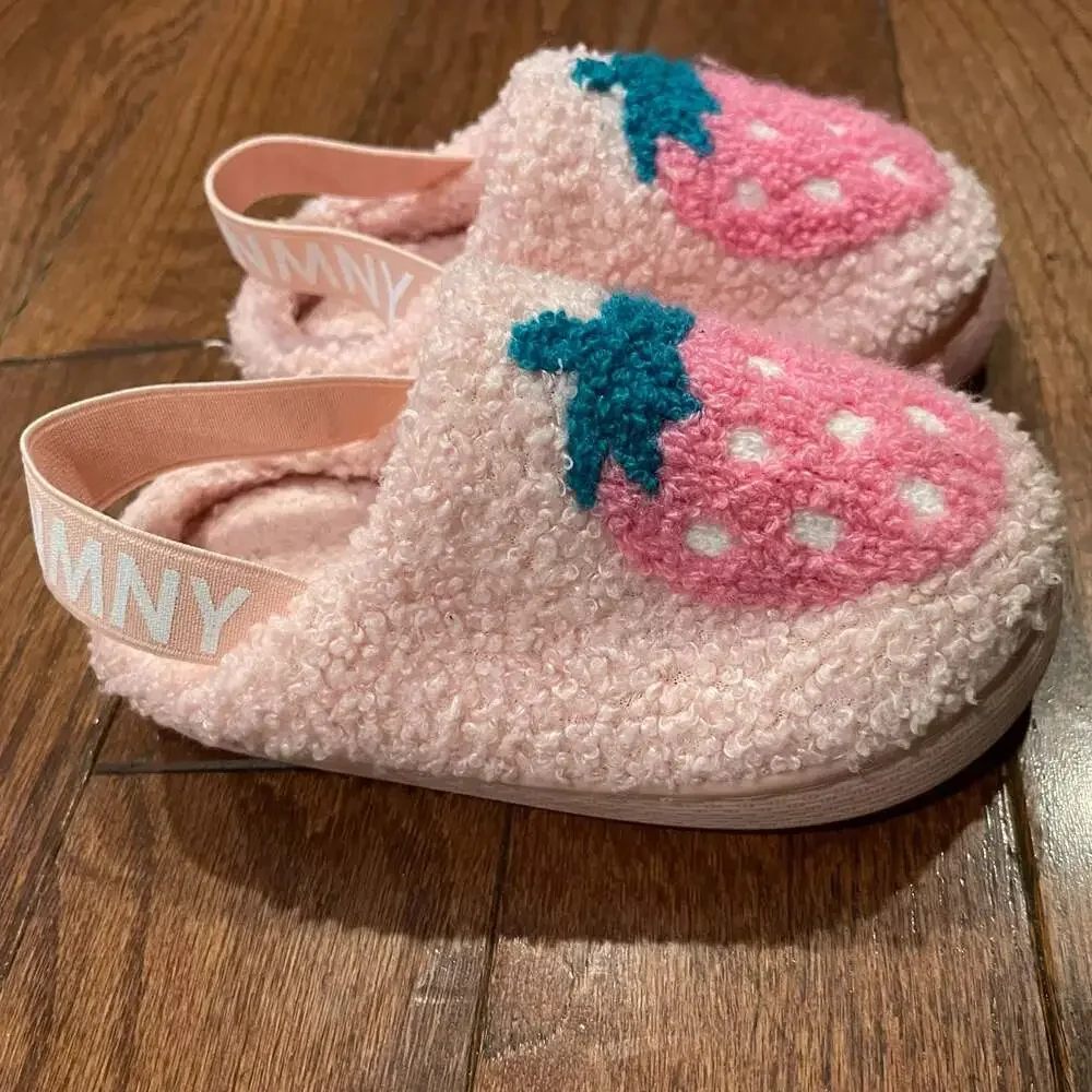 Kids Strawberry Teddy Fleece Slippers Pink Cozy House Shoes Size 5-6